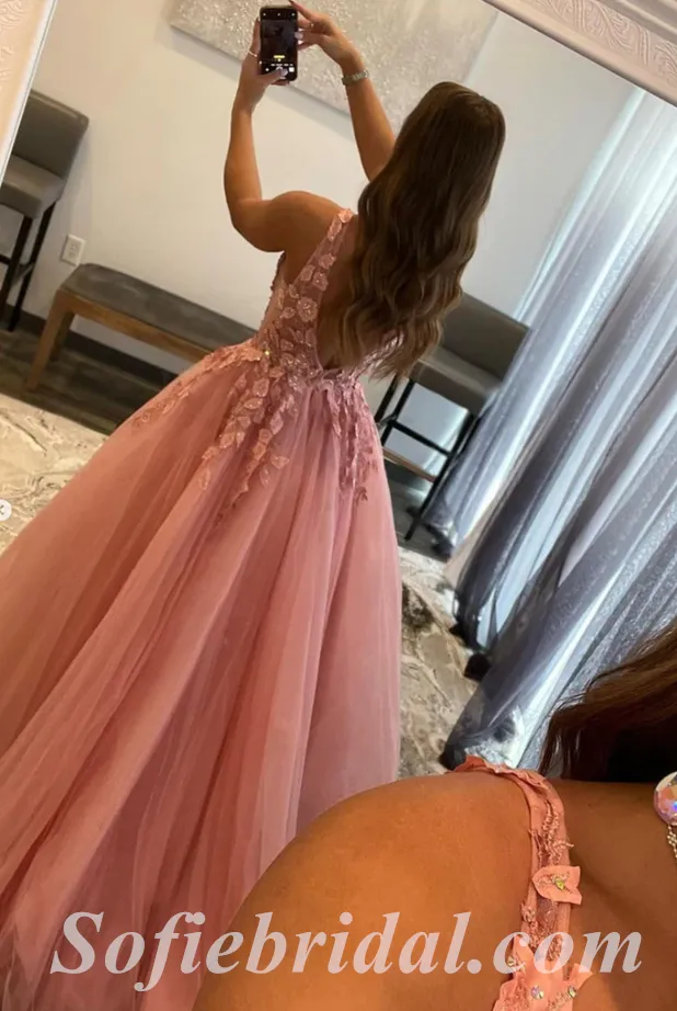 Elegant Tulle Spaghetti Straps V-Neck Sleeveless A-Line Long Prom Dresses With Applique And Beading,SFPD0543