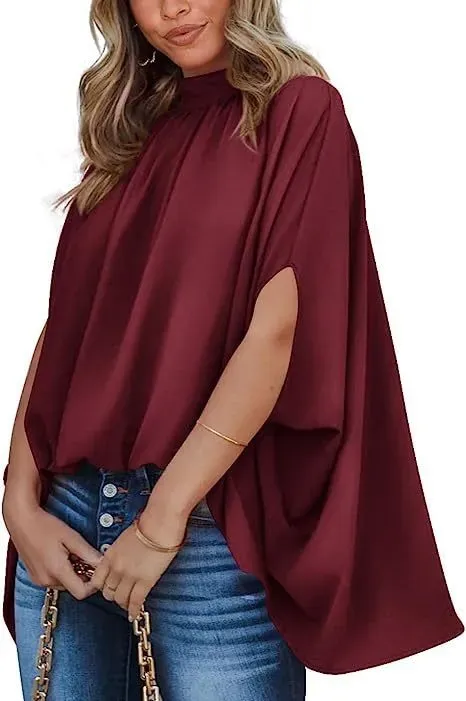 Enchant High-Neck Flowy Cape Sleeve Blouse