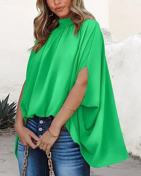 Enchant High-Neck Flowy Cape Sleeve Blouse