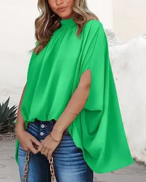 Enchant High-Neck Flowy Cape Sleeve Blouse