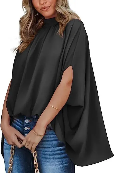 Enchant High-Neck Flowy Cape Sleeve Blouse