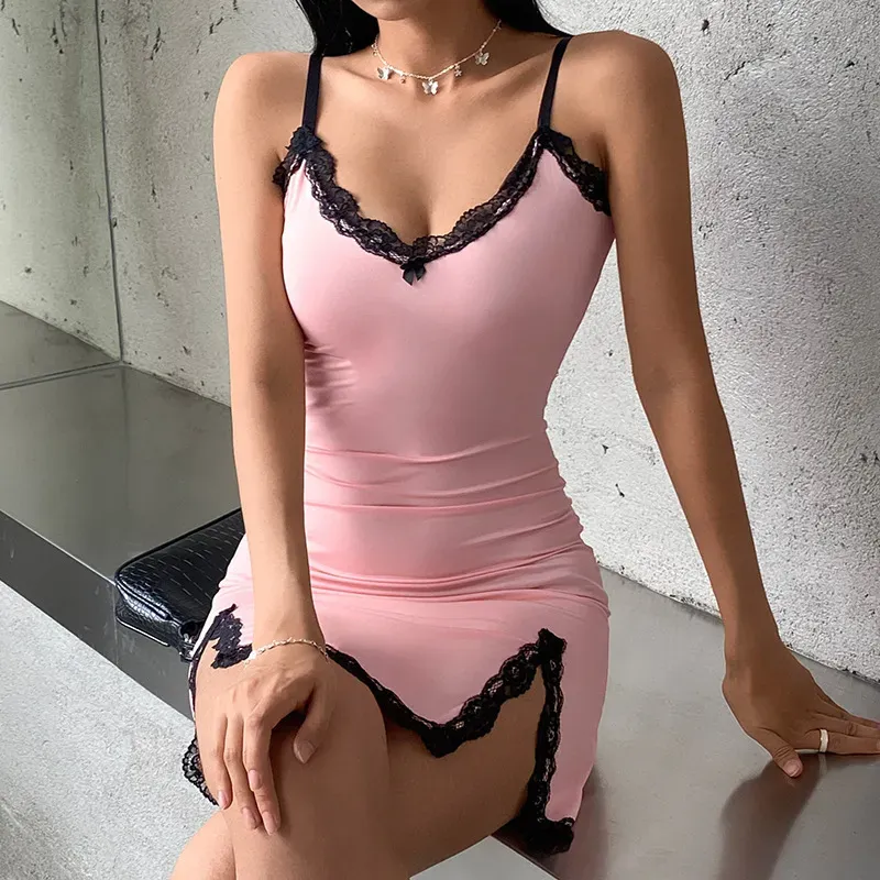 Eva Lace Trim Spaghetti Strap Bodycon Mini Dress