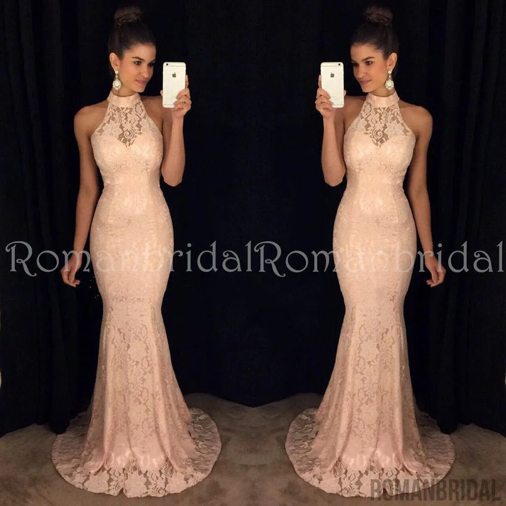 Floor-length Sexy Halter Mermaid Lace Prom Dress, round neck sleeveless High Quality Prom Dresses, PD0479