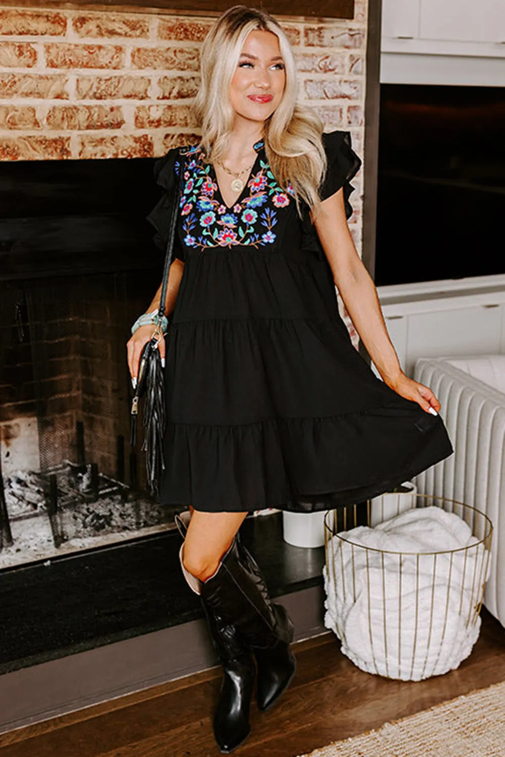 Floral Embroidered Tiered Ruffle Mini Dress