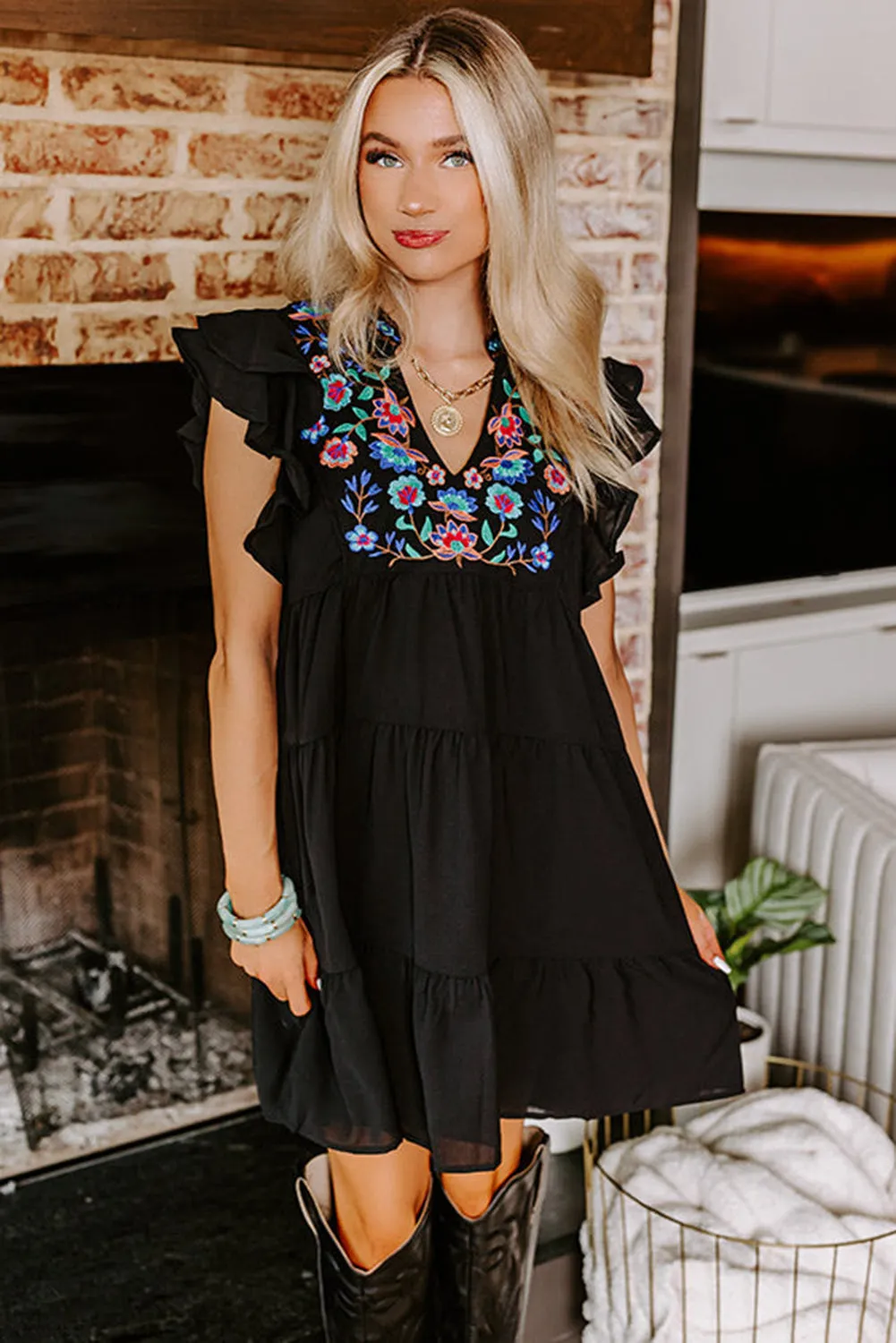 Floral Embroidered Tiered Ruffle Mini Dress