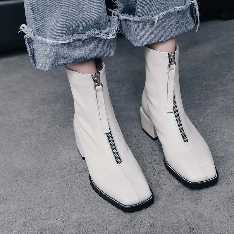 genuine leather square toe streetwear med heels winter keep warm front zipper high fashion Chelsea ankle boots