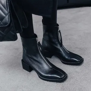 genuine leather square toe streetwear med heels winter keep warm front zipper high fashion Chelsea ankle boots