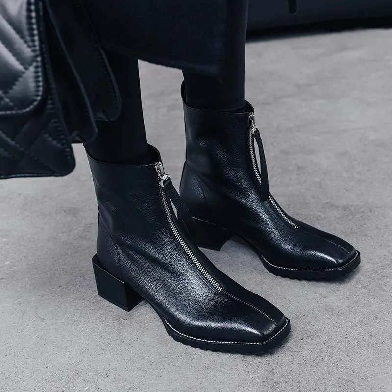 genuine leather square toe streetwear med heels winter keep warm front zipper high fashion Chelsea ankle boots