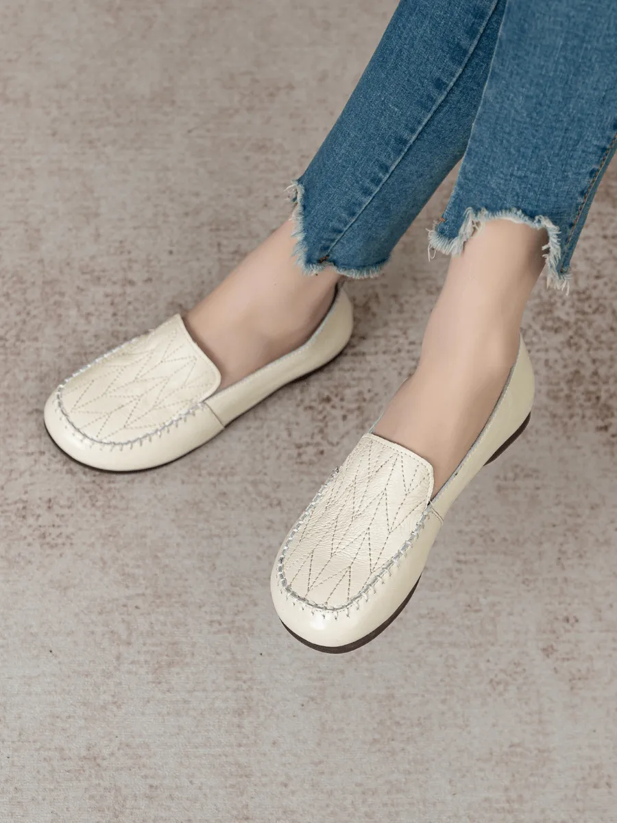 Geometry Stitching Upper Leather Loafer - Cream