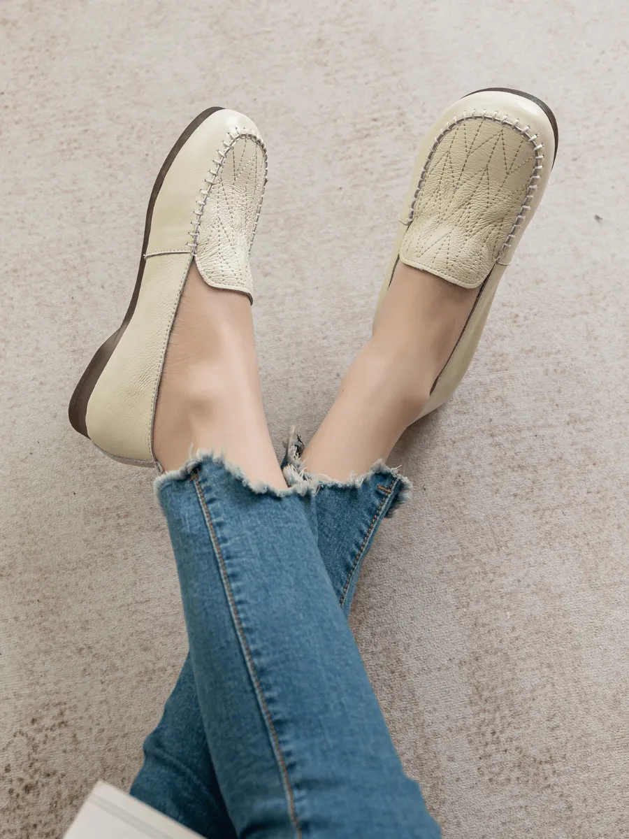 Geometry Stitching Upper Leather Loafer - Cream