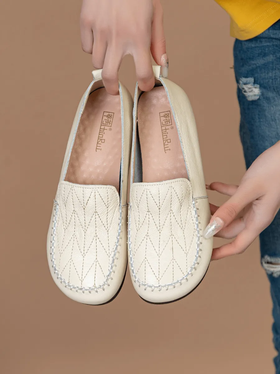Geometry Stitching Upper Leather Loafer - Cream