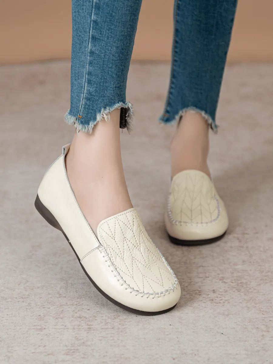 Geometry Stitching Upper Leather Loafer - Cream
