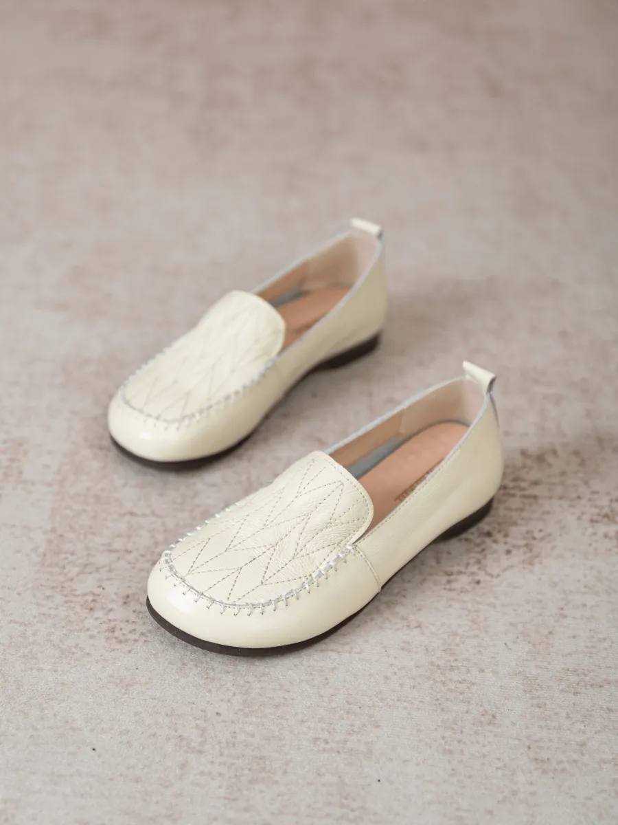 Geometry Stitching Upper Leather Loafer - Cream