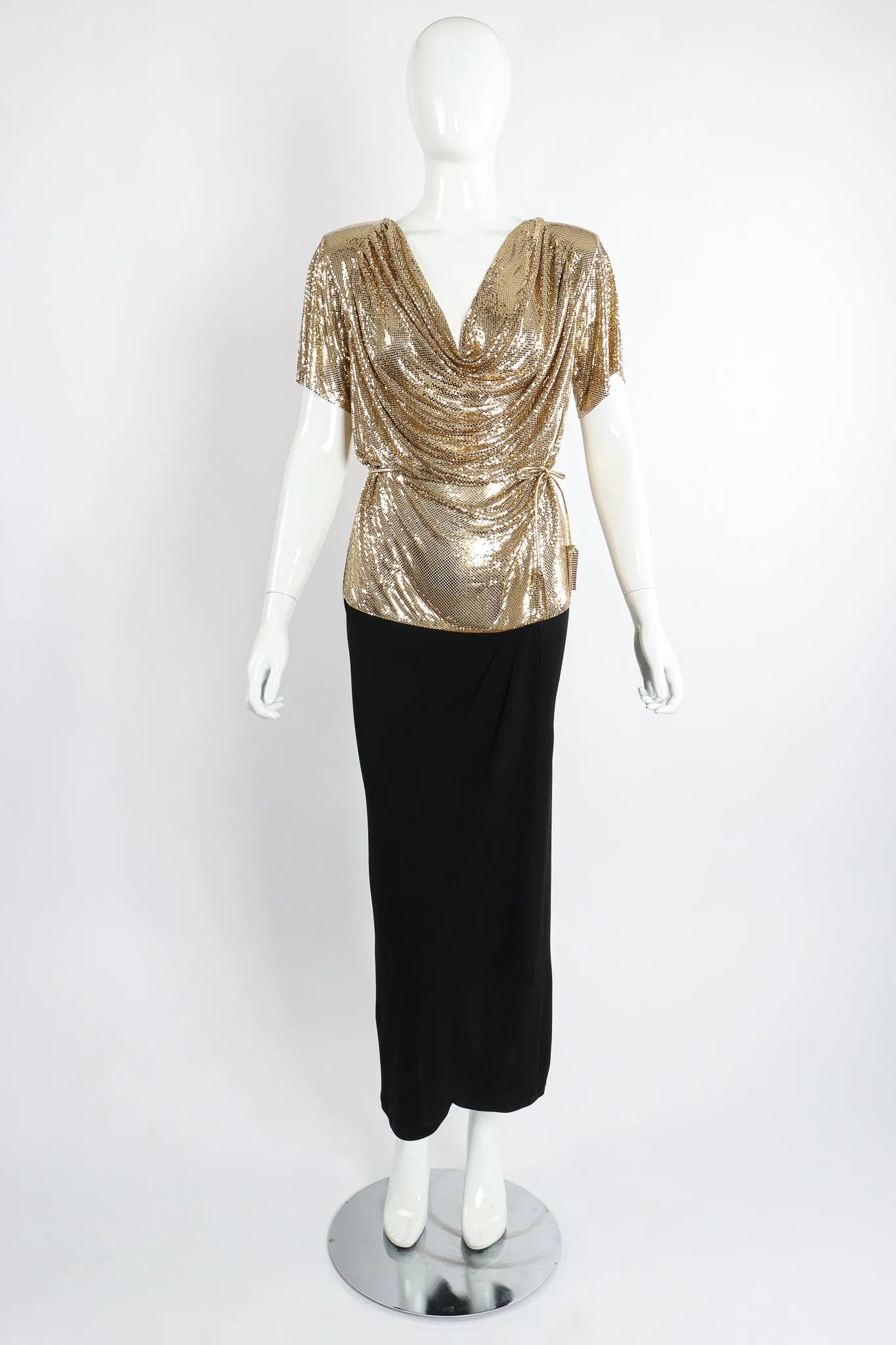 Gold Mesh Draped Cowl Dress