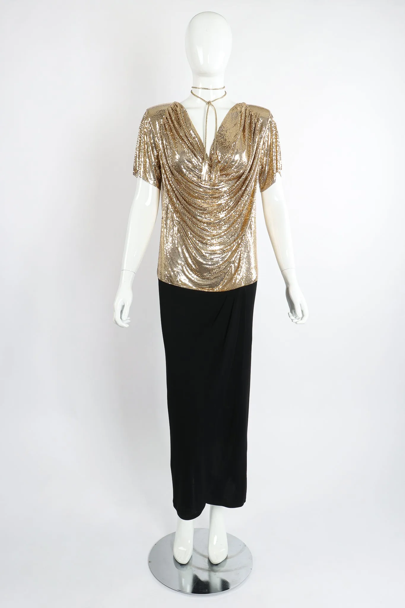 Gold Mesh Draped Cowl Dress