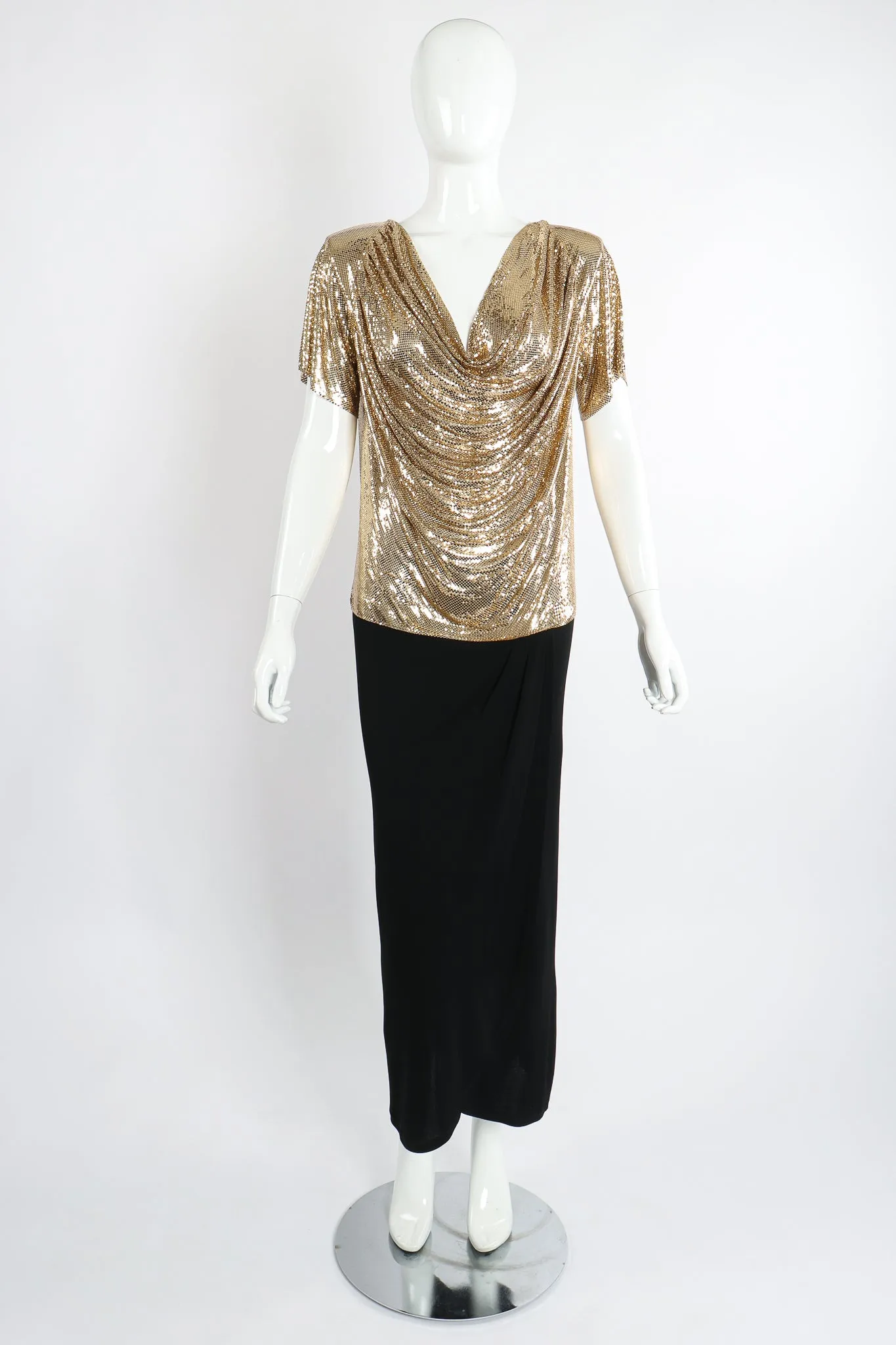 Gold Mesh Draped Cowl Dress