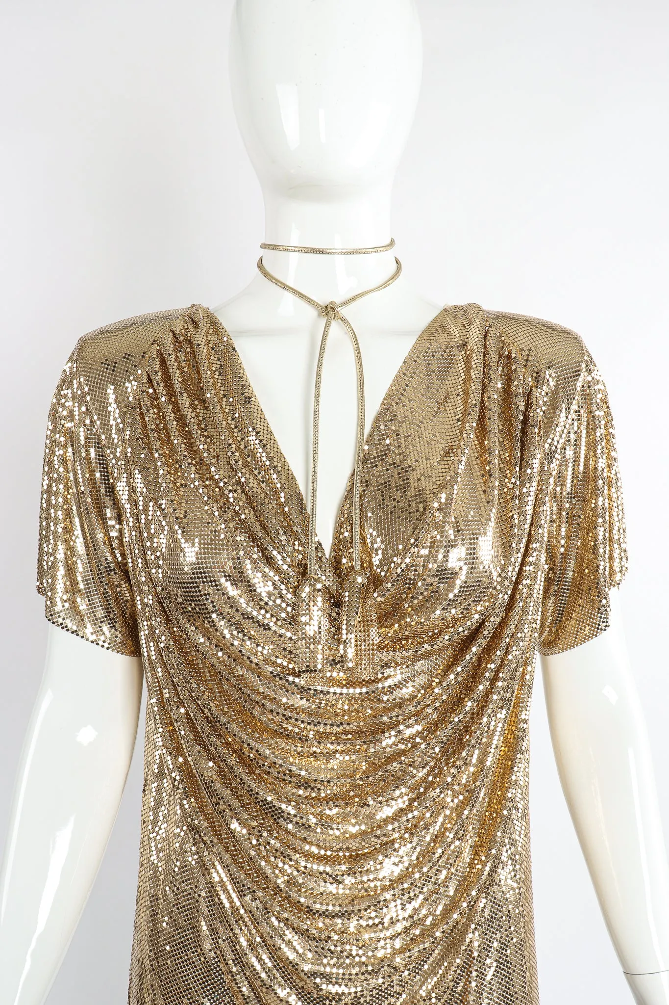 Gold Mesh Draped Cowl Dress