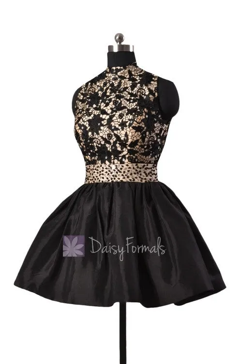 Gorgeous Black Taffeta Mini Prom Dress W/High Collar and Open Back(PR140425)