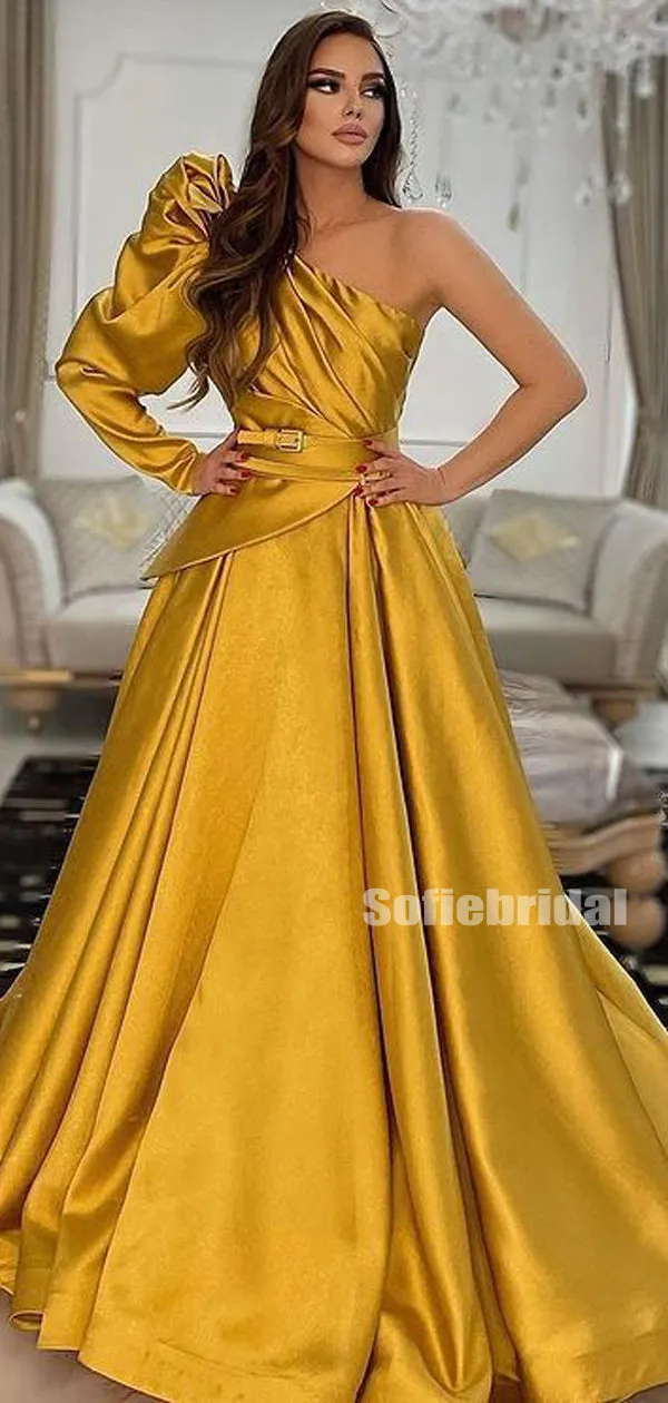 Gorgerous One-shoulder A-line Satin Long Prom Dresses,SFPD0150