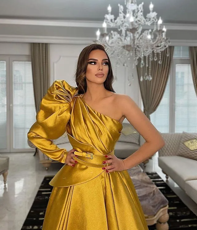 Gorgerous One-shoulder A-line Satin Long Prom Dresses,SFPD0150