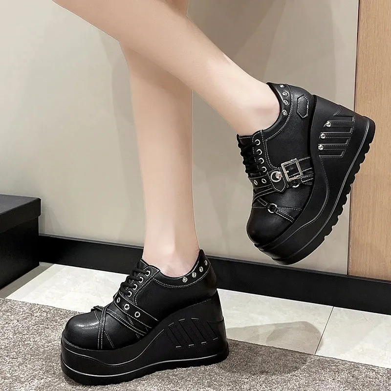 Gothic Thick Sole High Heel Wedge Pumps with Metal Detail
