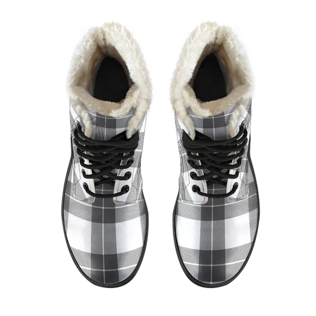 Gray and White Plaid Faux Fur Lined Vegan Leather Boots