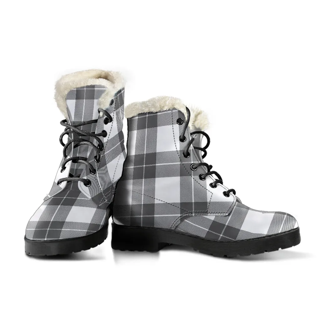 Gray and White Plaid Faux Fur Lined Vegan Leather Boots