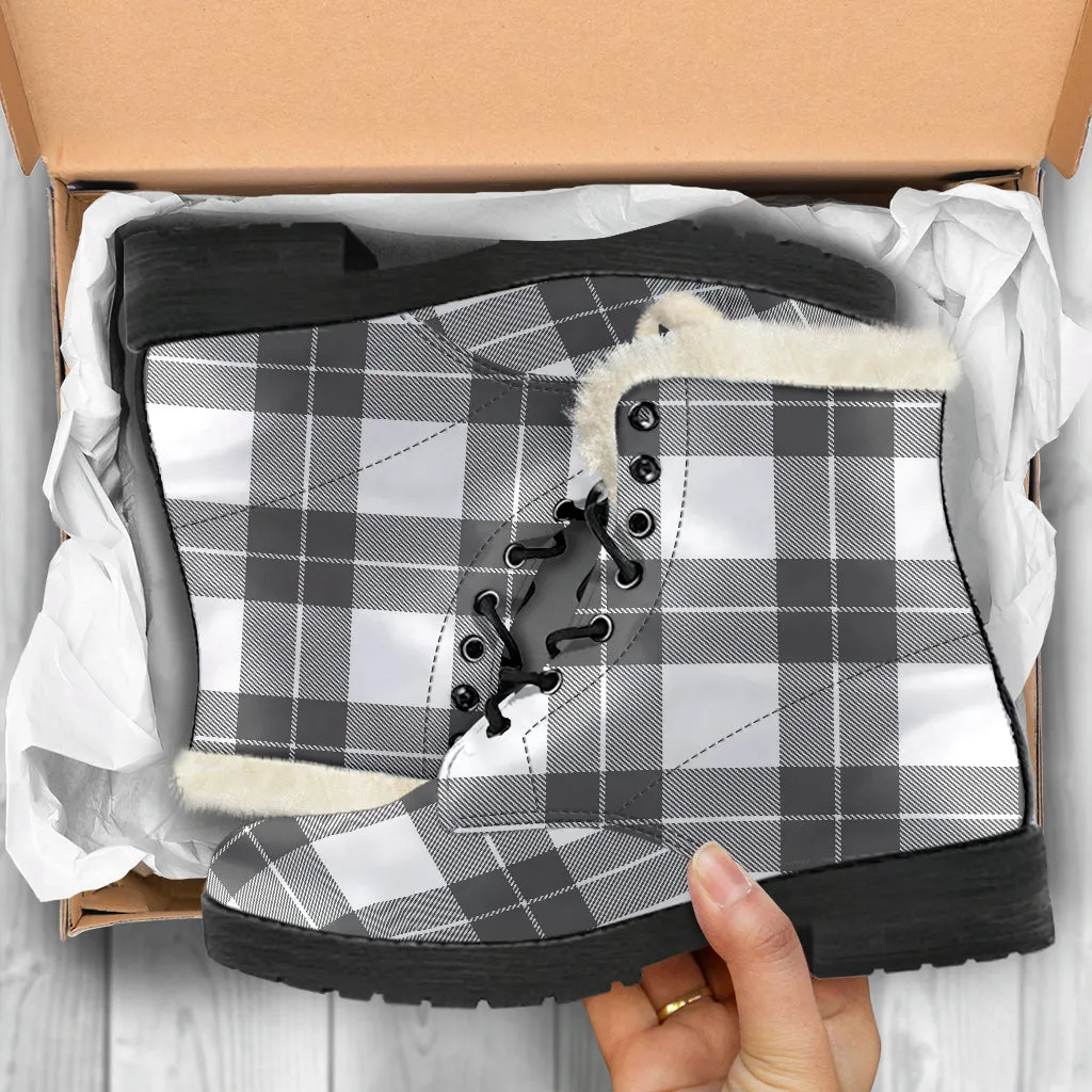 Gray and White Plaid Faux Fur Lined Vegan Leather Boots