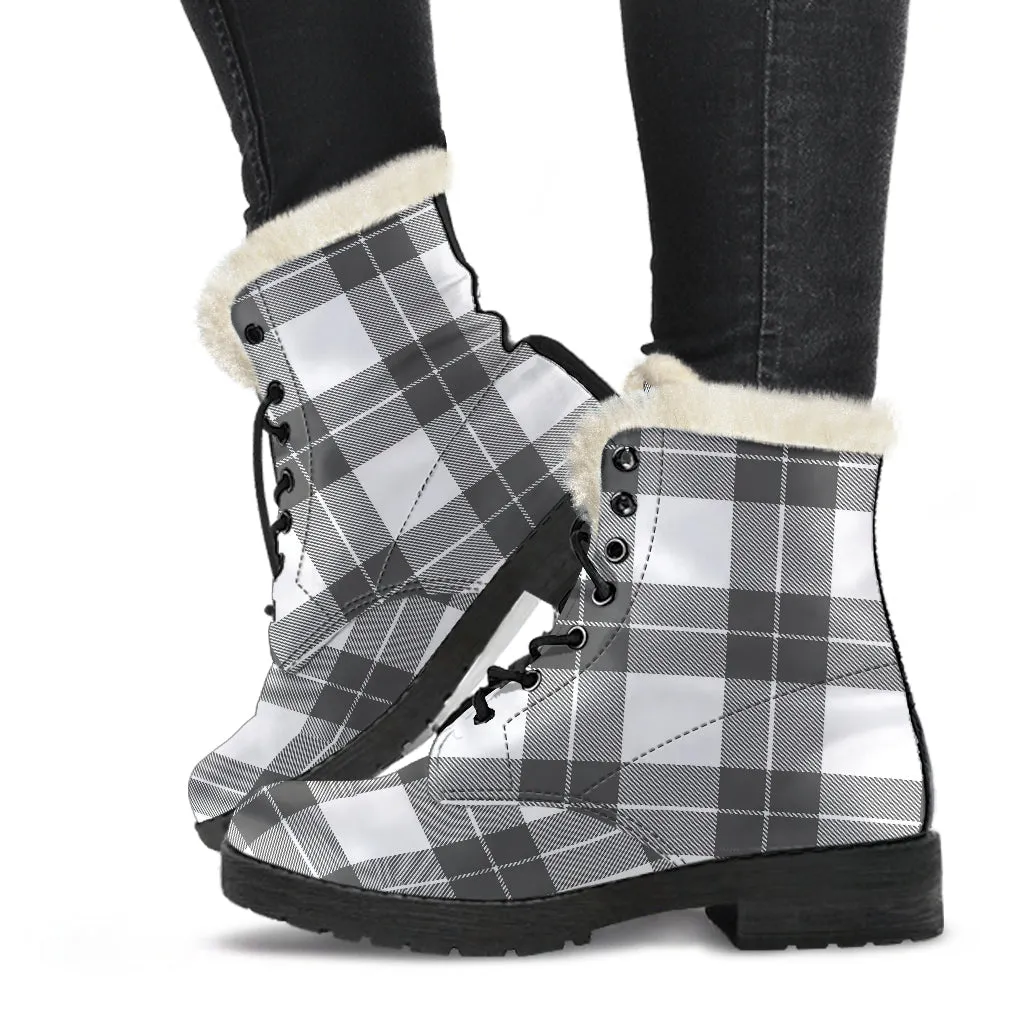 Gray and White Plaid Faux Fur Lined Vegan Leather Boots