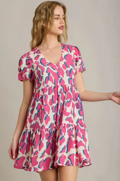 Hazel Blues® | Umgee Abstract Print Pleat Detail Short Sleeve V-Neck Tiered Dress