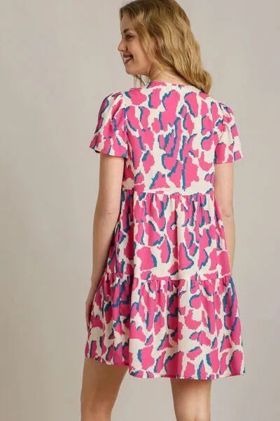 Hazel Blues® | Umgee Abstract Print Pleat Detail Short Sleeve V-Neck Tiered Dress