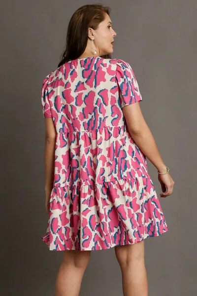 Hazel Blues® | Umgee Abstract Print Pleat Detail Short Sleeve V-Neck Tiered Dress