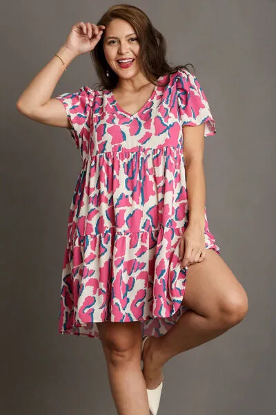 Hazel Blues® | Umgee Abstract Print Pleat Detail Short Sleeve V-Neck Tiered Dress