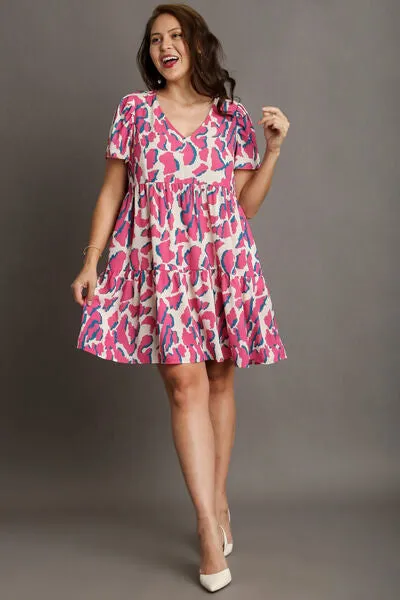 Hazel Blues® | Umgee Abstract Print Pleat Detail Short Sleeve V-Neck Tiered Dress