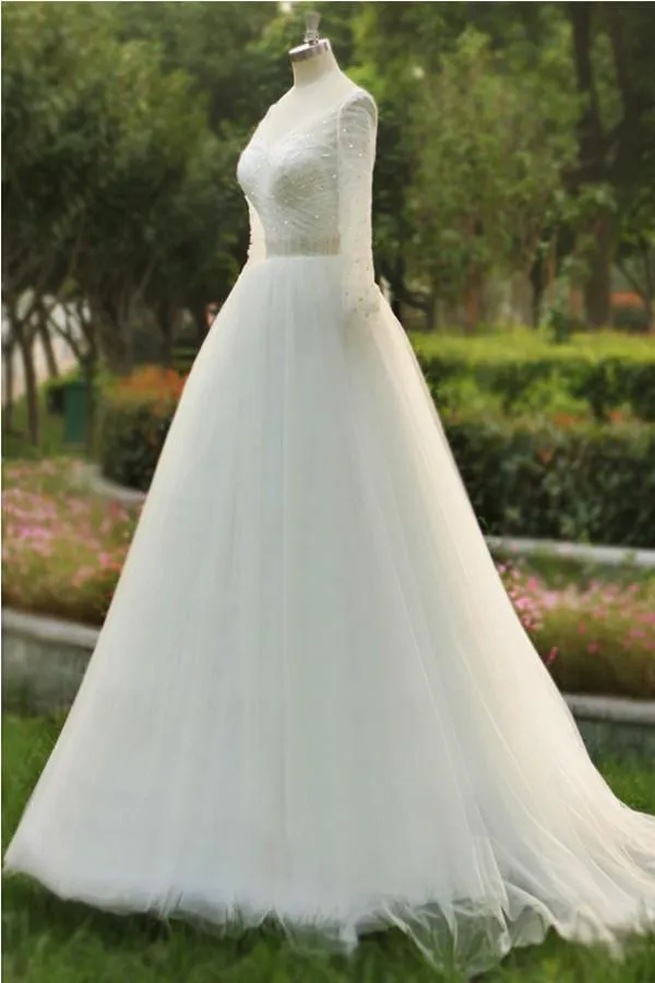 High Quality V-neck Floor Length Wedding Dresses With Long Sleeves TN169
