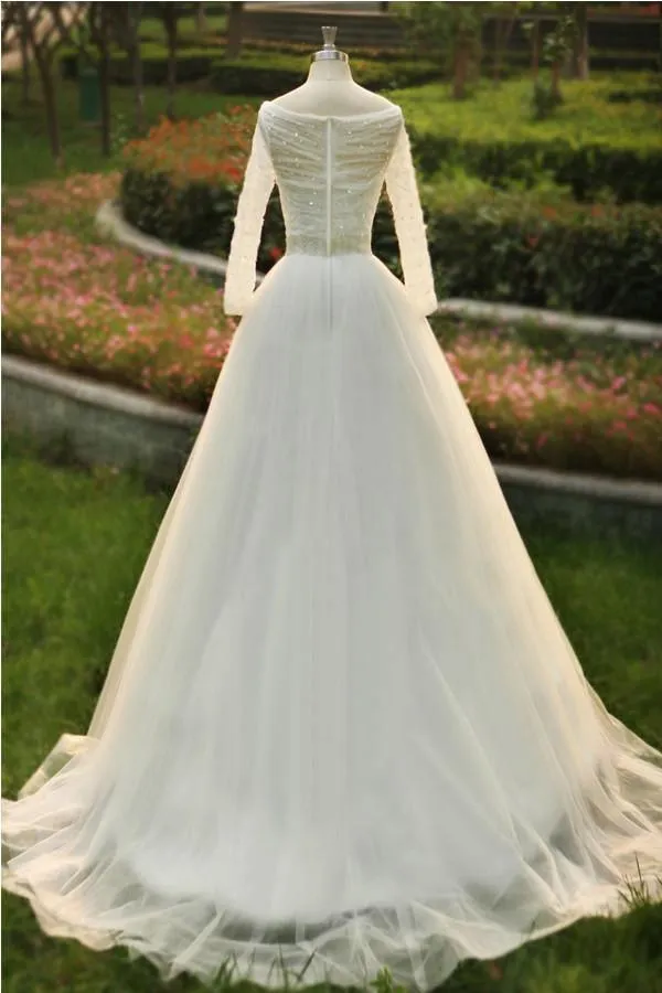 High Quality V-neck Floor Length Wedding Dresses With Long Sleeves TN169
