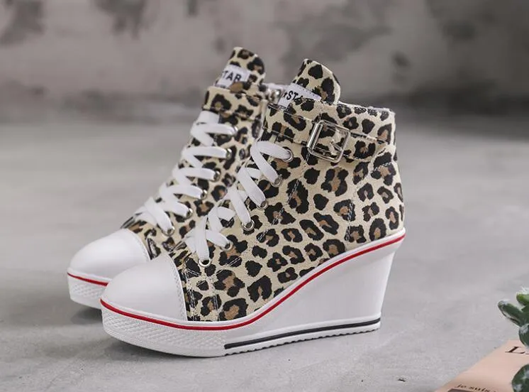 High Top Wedge Canvas Shoes with Denim Ankle and Buckle Strap - 8cm Heels!