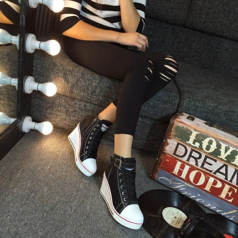 High Top Wedge Canvas Shoes with Denim Ankle and Buckle Strap - 8cm Heels!