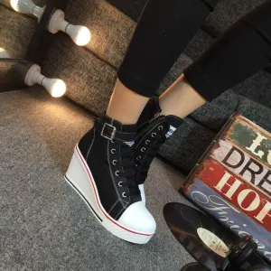 High Top Wedge Canvas Shoes with Denim Ankle and Buckle Strap - 8cm Heels!