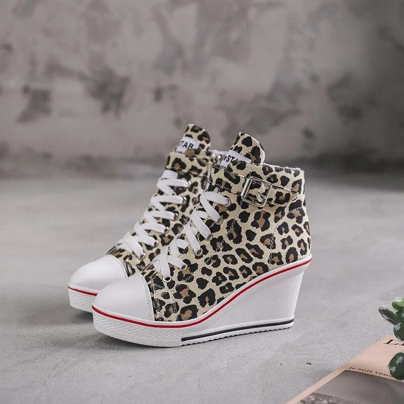 High Top Wedge Canvas Shoes with Denim Ankle and Buckle Strap - 8cm Heels!