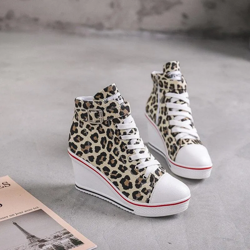 High Top Wedge Canvas Shoes with Denim Ankle and Buckle Strap - 8cm Heels!