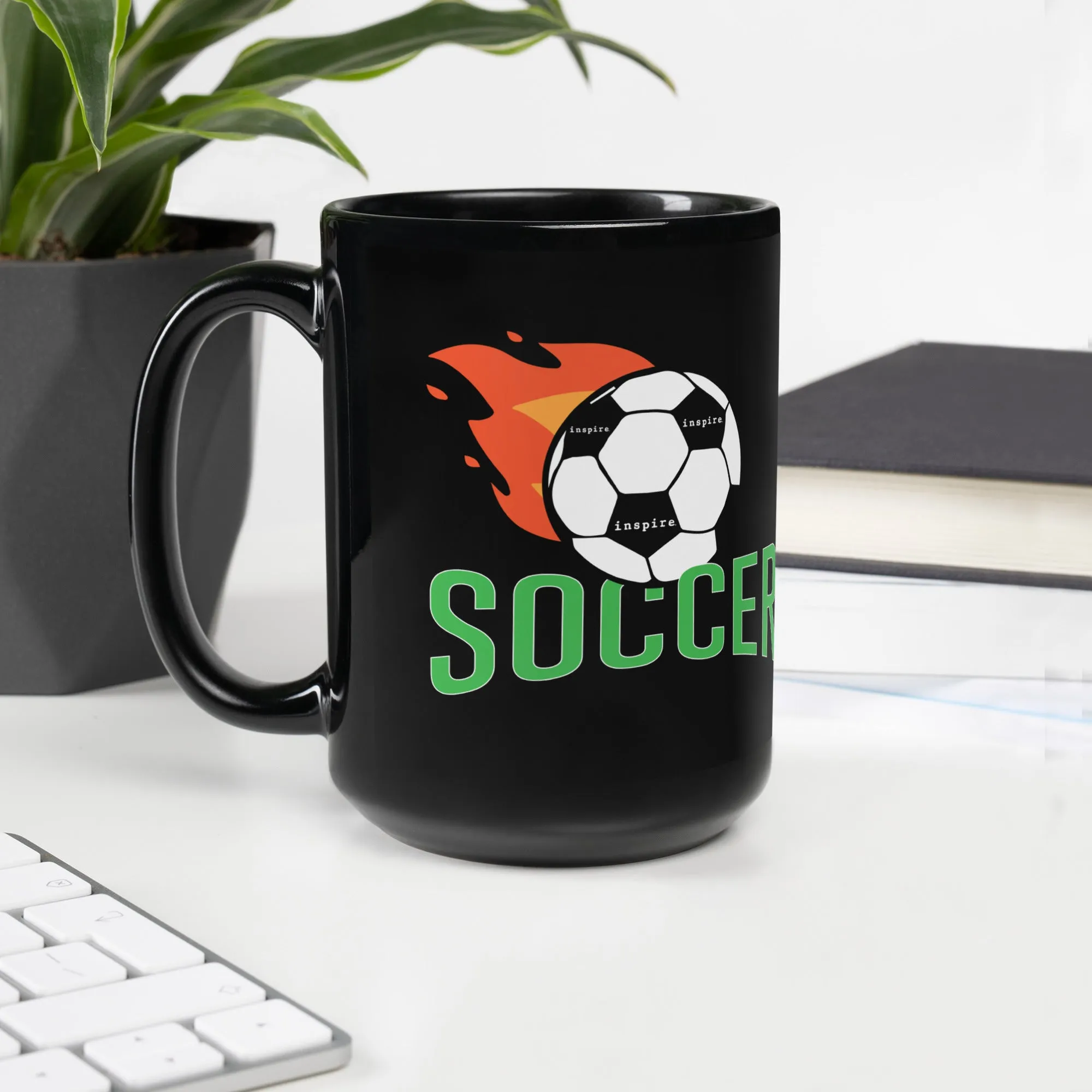 inspire Soccer Ball with Flames Black Glossy Mug