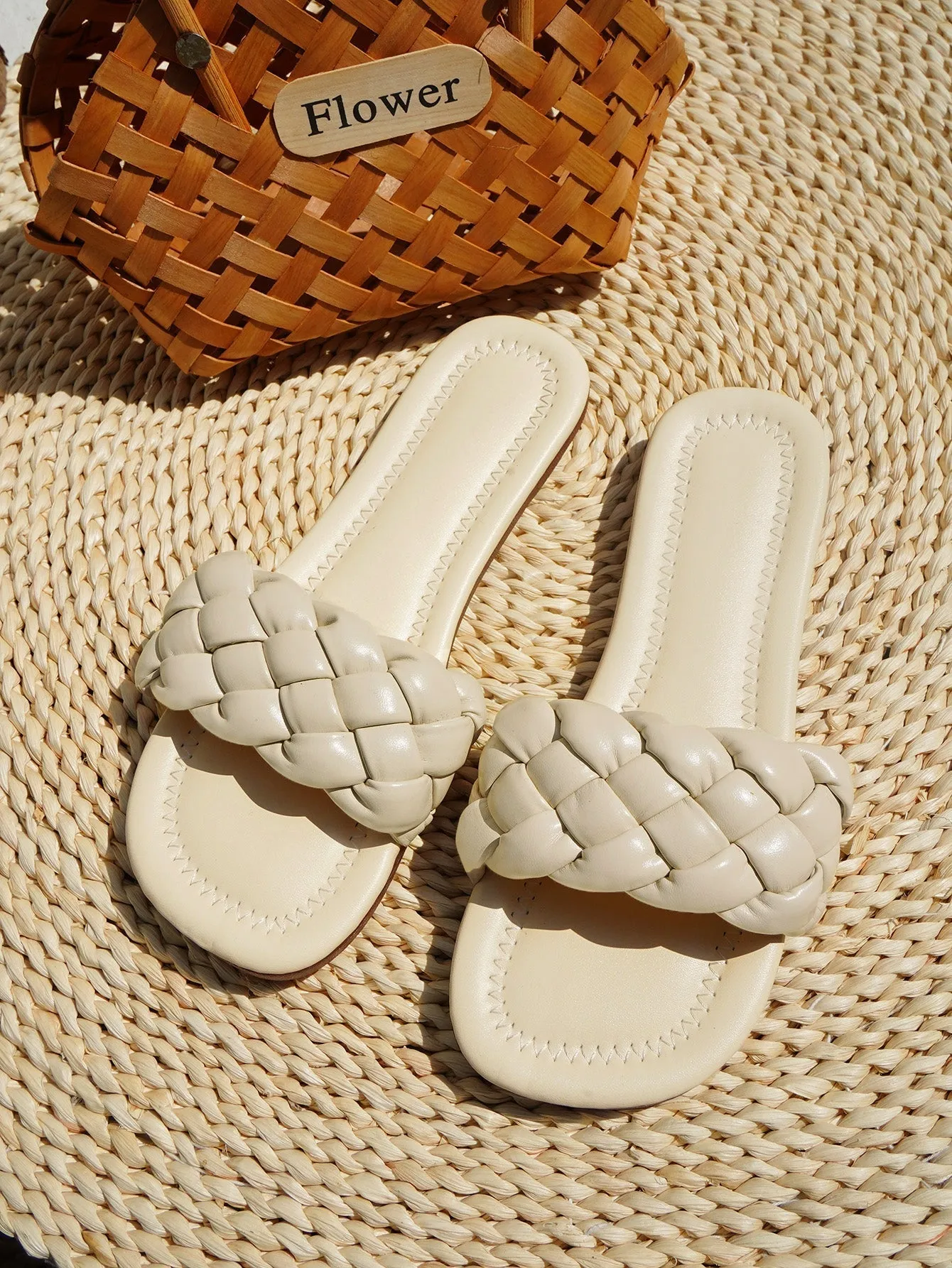 Ivory Matte Braided Slides Flat Sandals
