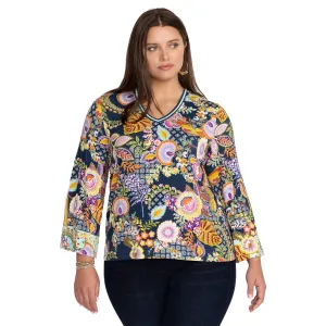 Johnny Was Janie Favorite V Neck Kimono Sleeve Swing Tee Wild Plus Blue Shirt New