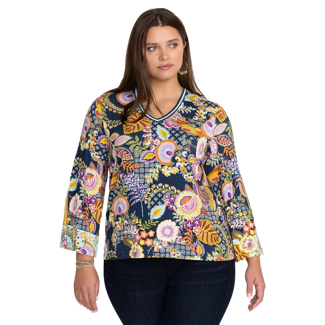 Johnny Was Janie Favorite V Neck Kimono Sleeve Swing Tee Wild Plus Blue Shirt New