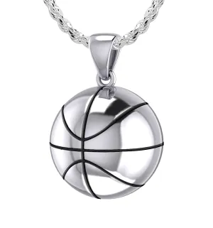 Large 925 Sterling Silver 3D Basketball Pendant Necklace, 18.5mm
