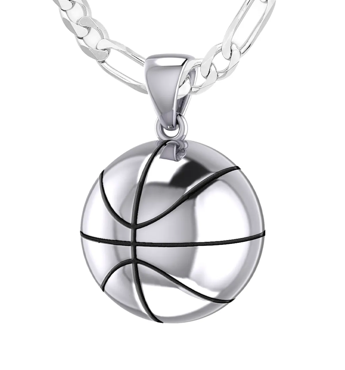 Large 925 Sterling Silver 3D Basketball Pendant Necklace, 18.5mm