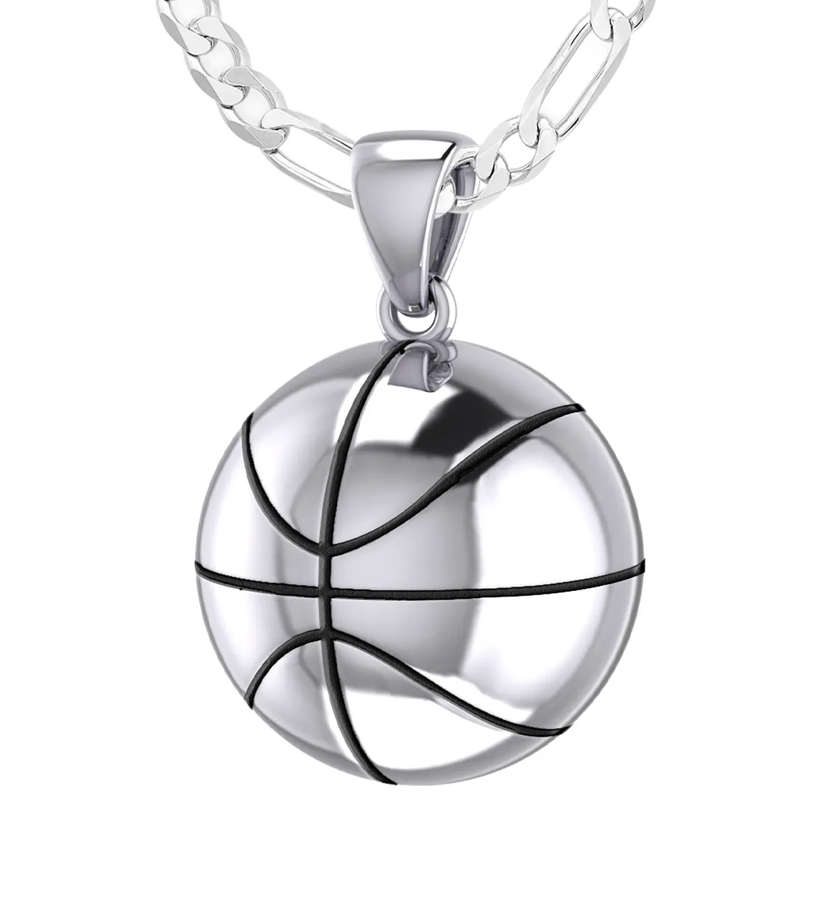Large 925 Sterling Silver 3D Basketball Pendant Necklace, 18.5mm