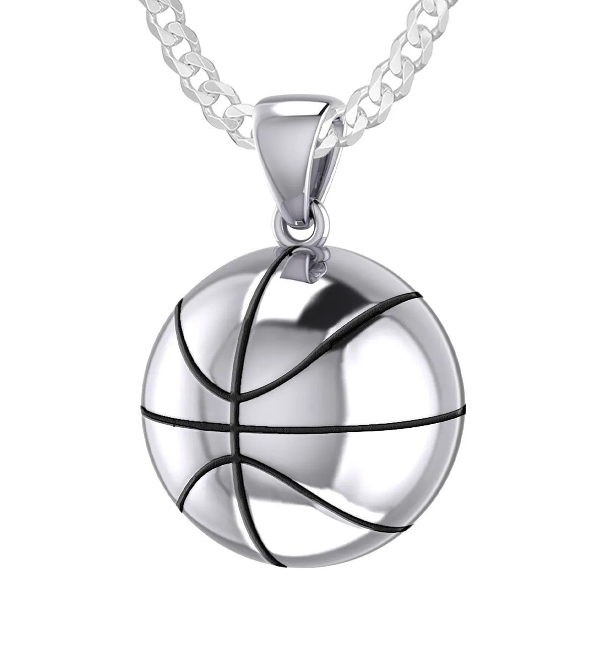 Large 925 Sterling Silver 3D Basketball Pendant Necklace, 18.5mm