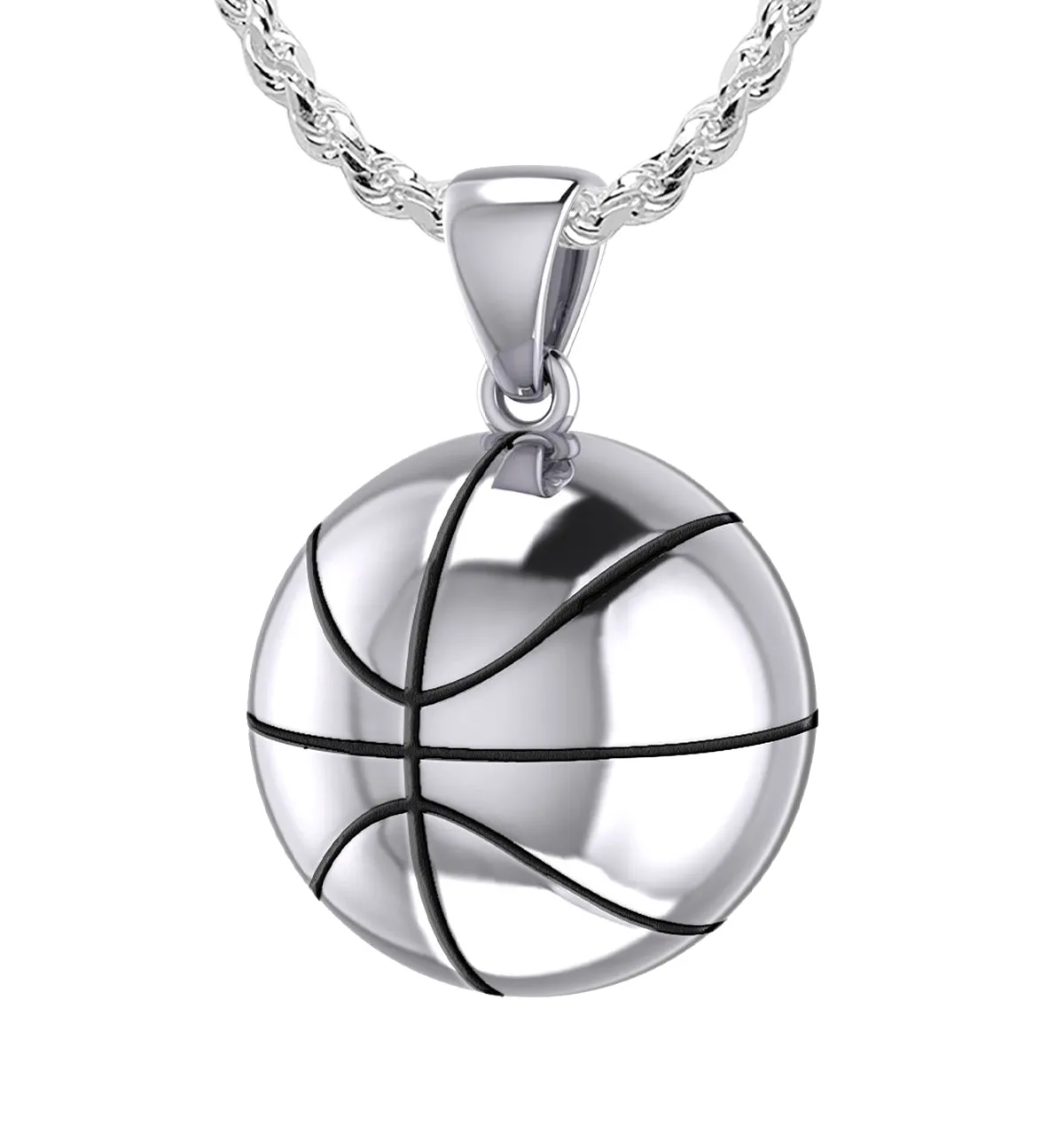 Large 925 Sterling Silver 3D Basketball Pendant Necklace, 18.5mm